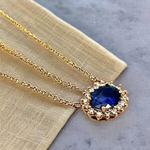 Natural Sapphire Diamond Halo Pendant With Chain 18" 14k YGold Certified 300633